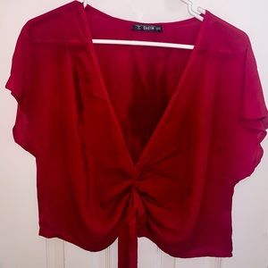 SHEIN red V-neck tie front crop top